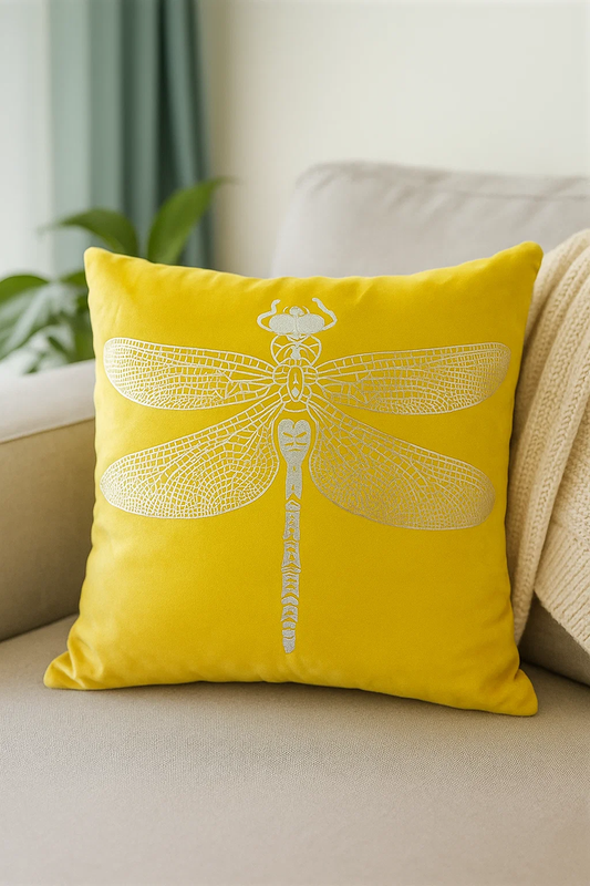 Poszewka na poduszkę dekoracyjna 40x40 ważka musztardowa