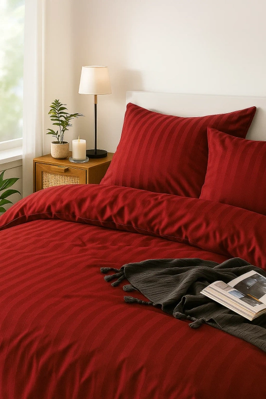 Pościel czerwona w pasy 160x200 3 el. Kim Red