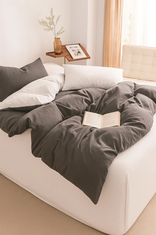 Pościel 160x200 4 el. z prześcieradłem z gumką gładka bez nadruku biała ciemna szara S-13