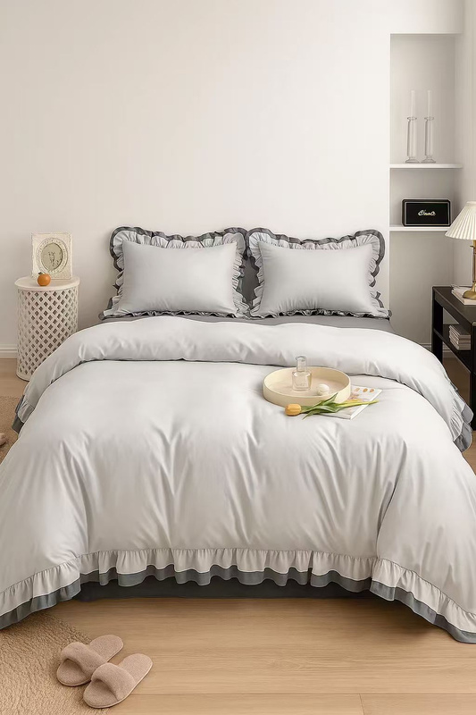 Pościel z podwójną falbanką dwukolorowa szara 160x200 3 el.