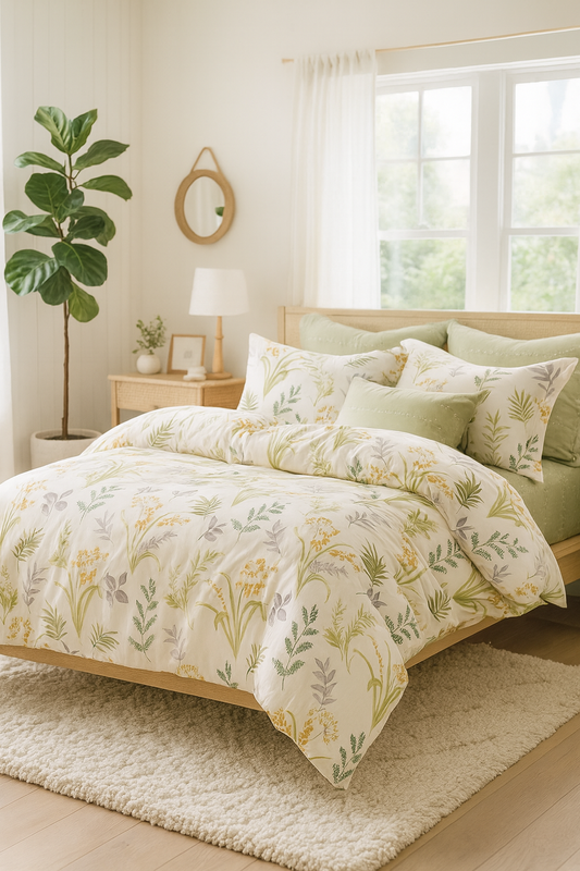 Pościel bawełniana biało-zielona w kwiatki i liście 200x220 3 el. L50