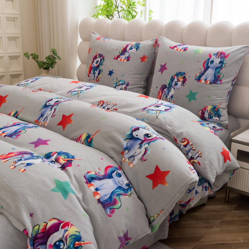 Pościel pluszowa zimowa miś jasna szara w jednorożce 160x200 3 el.