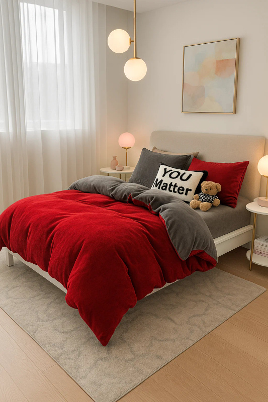 Pościel pluszowa welurowa zimowa miś gładka 160x200 3 el. czerwona - szara