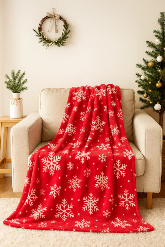Koc świąteczny czerwony w śnieżynki 160x200