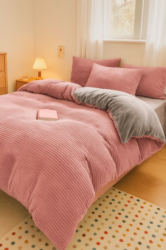Pościel pluszowa zimowa miś tłoczona w pasy 200x220 3 el. różowa - szara