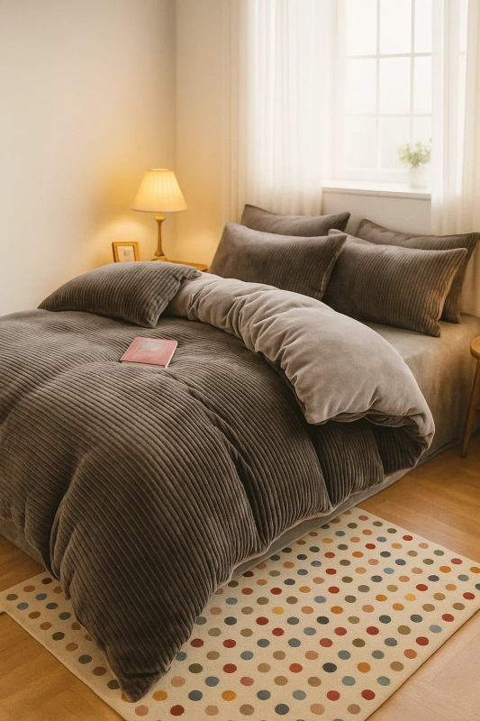 Pościel pluszowa z prześcieradłem zimowa miś tłoczona w pasy 200x220 4 el. ciemna szara - jasna szara