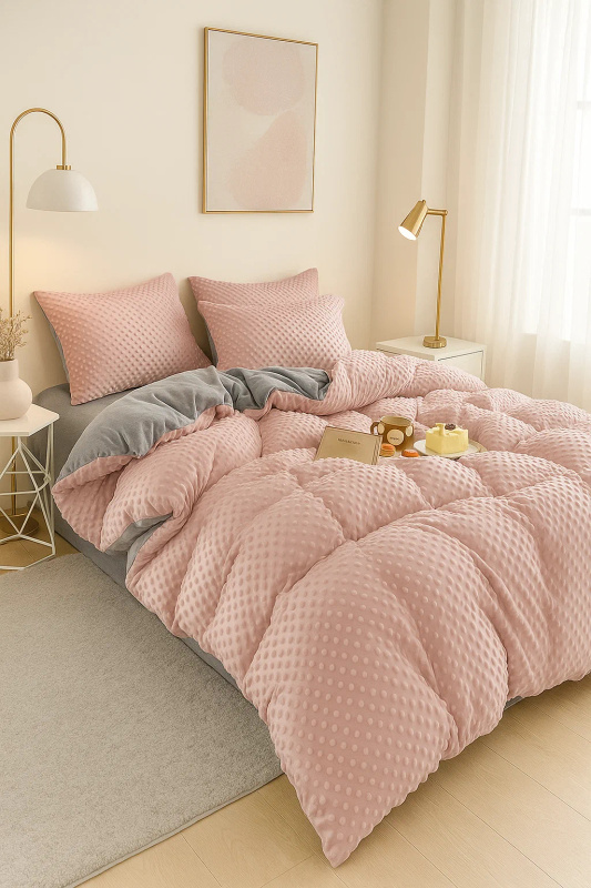 Pościel pluszowa zimowa miś w kropki 3D 200x220 4 el. MINKY różowa - jasna szara