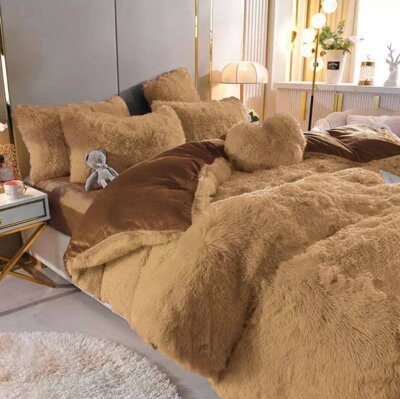 Pościel futrzana zimowa włochacz 200x220 4 el. jasna brązowa - ciemna brązowa