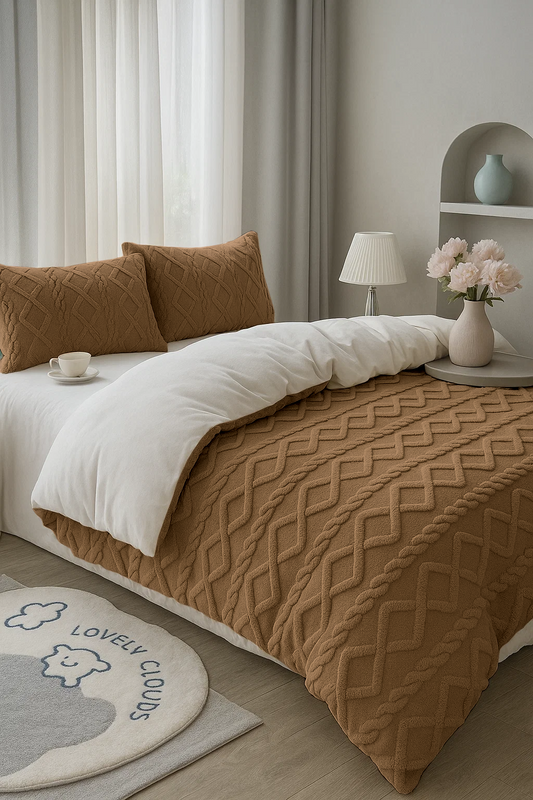 Pościel pluszowa zimowa miś sweterek 200x220 4 el. brązowa - biała