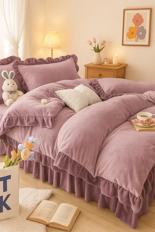 Pościel pluszowa z falbanką zimowa miś 200x220 3 el. fioletowa nr441