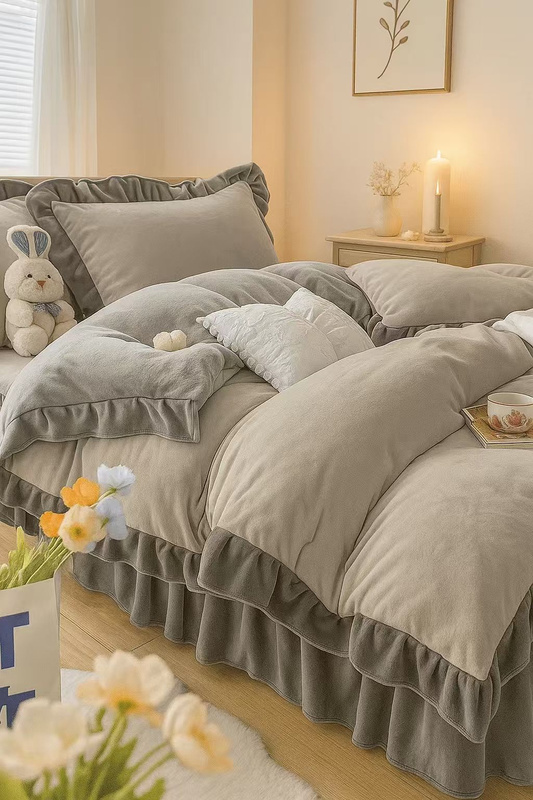 Pościel pluszowa z falbanką zimowa miś 200x220 3 el. szara nr442