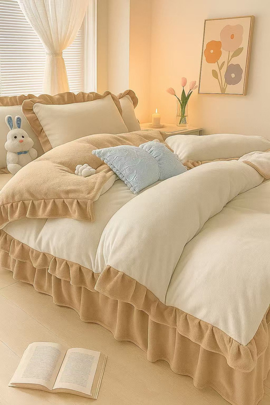 Pościel pluszowa z falbanką zimowa miś 200x220 3 el. kremowo-beżowa nr450